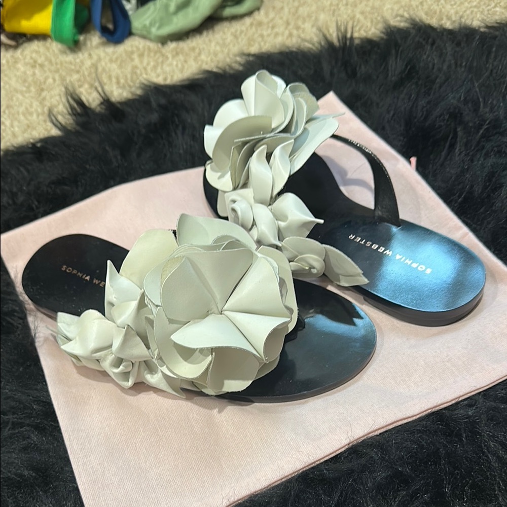 Sophia Webster Black and White Sandals with jumbo flower